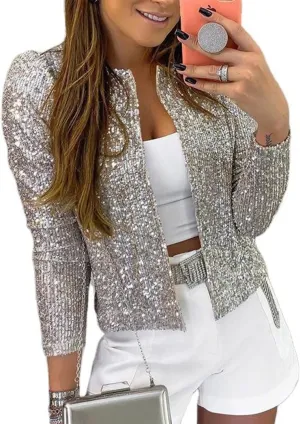 qfmqkpi Womens Sparkly Sequin Open Front Blazer Coat Puff Long Sleeve Crop Jacket