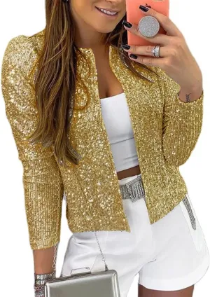 qfmqkpi Womens Sparkly Sequin Open Front Blazer Coat Puff Long Sleeve Crop Jacket