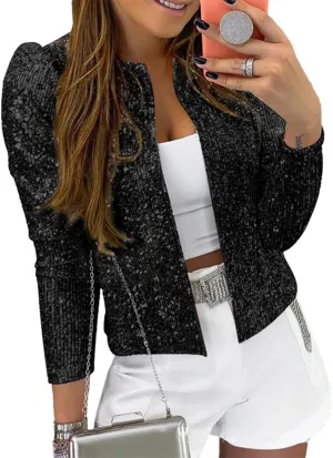 qfmqkpi Womens Sparkly Sequin Open Front Blazer Coat Puff Long Sleeve Crop Jacket