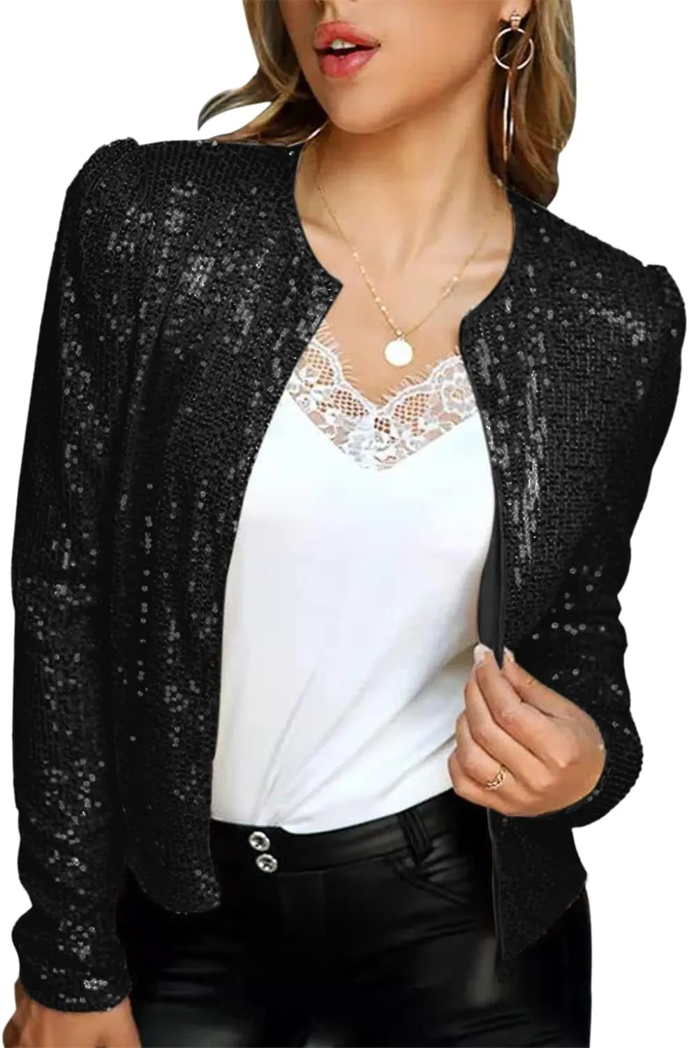 qfmqkpi Womens Sparkly Sequin Open Front Blazer Coat Puff Long Sleeve Crop Jacket