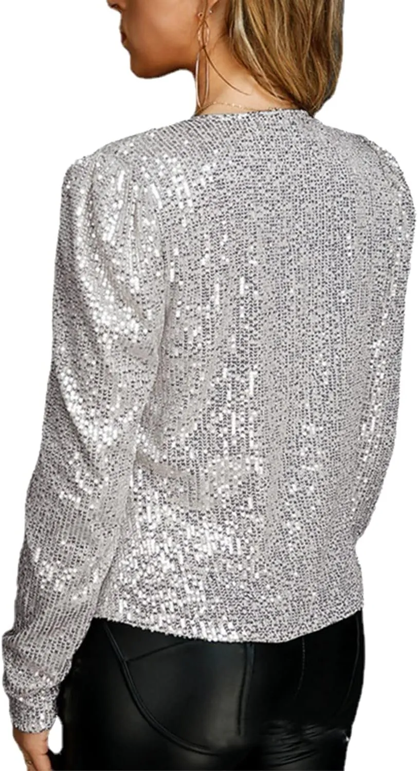 qfmqkpi Womens Sparkly Sequin Open Front Blazer Coat Puff Long Sleeve Crop Jacket