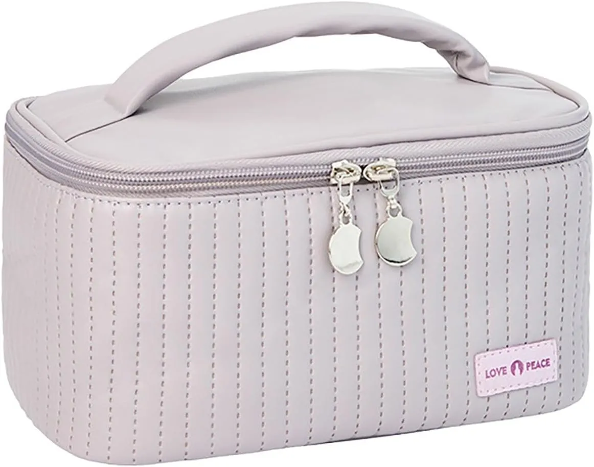 Quilted Makeup Bag with Zipper 8.4 * 5.4 Inch Pu Leather Waterproof Portable Pouch Open Flat Hanging Toiletry Bag for Women Large Cosmetic Bags for Wife Girlfriend Valentines Day Gifts