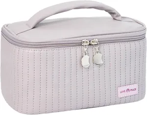 Quilted Makeup Bag with Zipper 8.4 * 5.4 Inch Pu Leather Waterproof Portable Pouch Open Flat Hanging Toiletry Bag for Women Large Cosmetic Bags for Wife Girlfriend Valentines Day Gifts