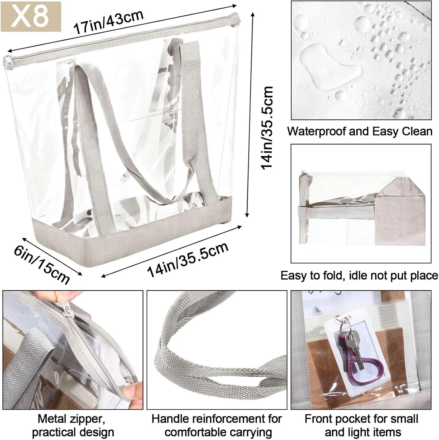 Reginary 8 Pieces Clear Tote Bags Shoulder Handbag Security Approved See Through Bag with Zipper Closure for Travel Work