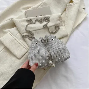 Rhinestone Bags Women Rhinestone Bucket Bags Retro Pearl Chain Ladies Shoulder Bags(White)