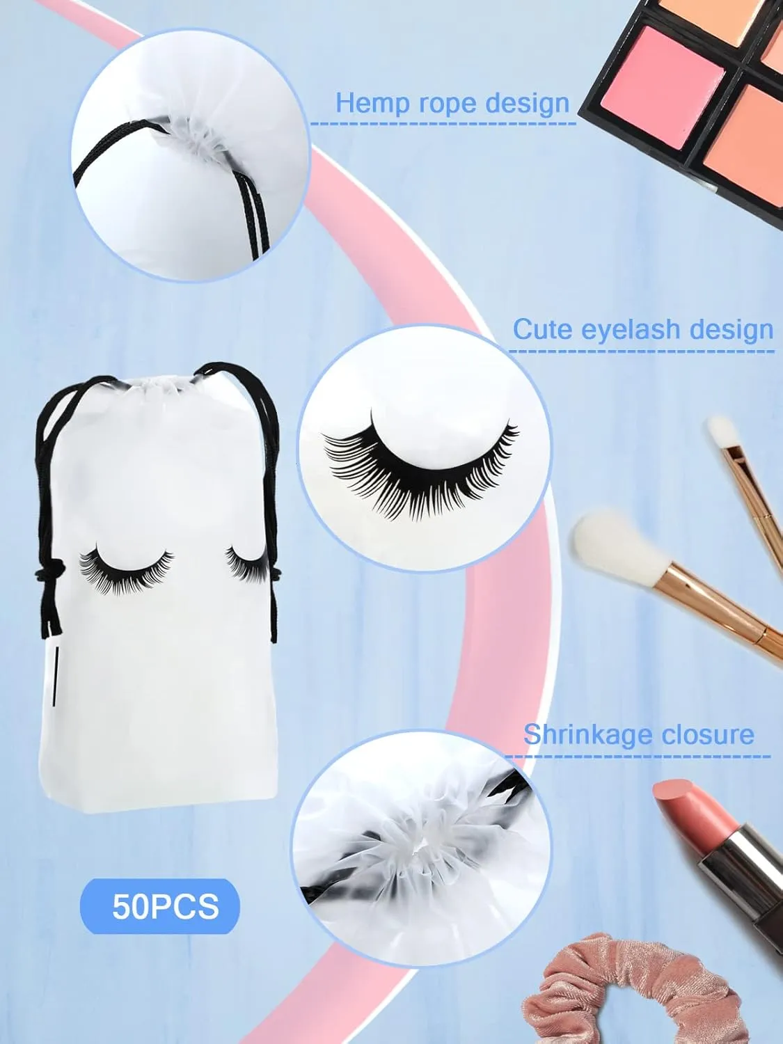 Rohuis 50pcs Eyelash Aftercare Lash Bags for Clients - Drawstring Makeup Cosmetic Shampoo Sample Pouches for Women and Girls- Small Business Supplies (White,4 x 6 Inches)