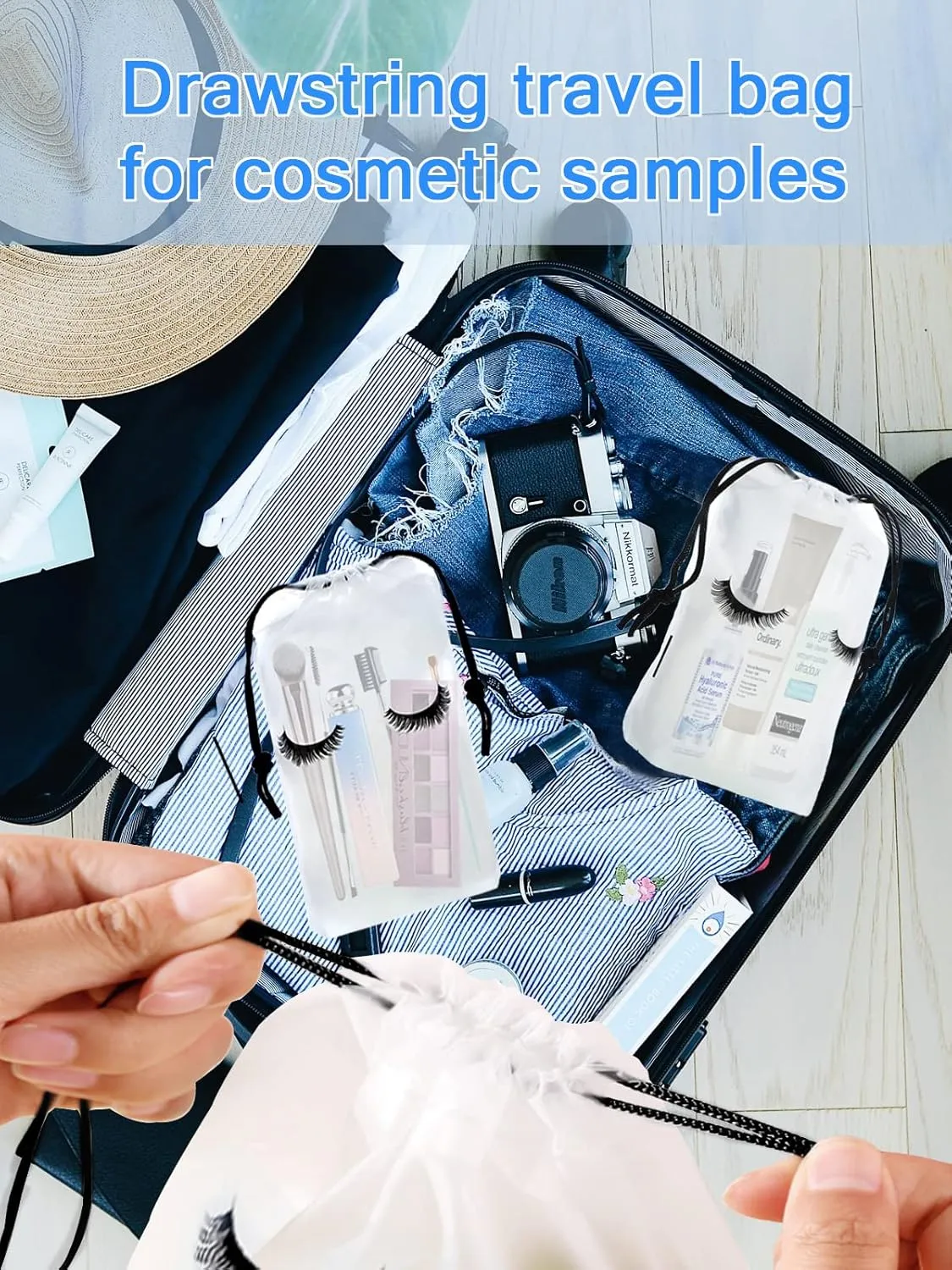 Rohuis 50pcs Eyelash Aftercare Lash Bags for Clients - Drawstring Makeup Cosmetic Shampoo Sample Pouches for Women and Girls- Small Business Supplies (White,4 x 6 Inches)