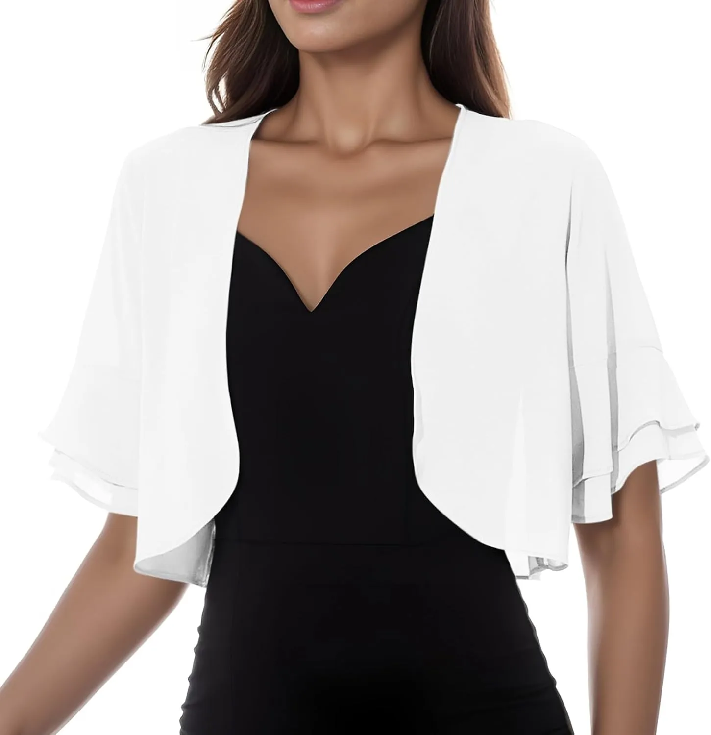 Ruffle Shrugs for Women Cropped Short Sleeve Open Front Cardigans Sheer Summer Casual Chiffon Bolero Tops Evening Dress