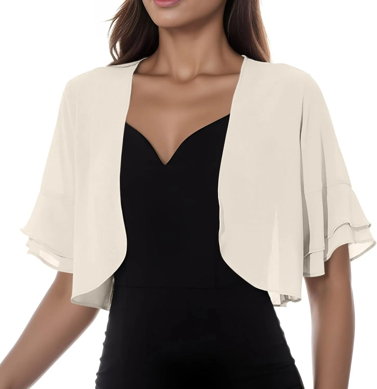 Ruffle Shrugs for Women Cropped Short Sleeve Open Front Cardigans Sheer Summer Casual Chiffon Bolero Tops Evening Dress