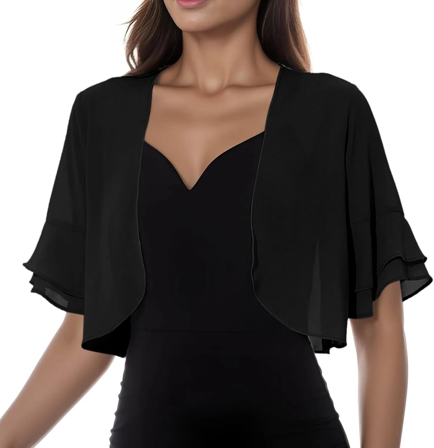 Ruffle Shrugs for Women Cropped Short Sleeve Open Front Cardigans Sheer Summer Casual Chiffon Bolero Tops Evening Dress