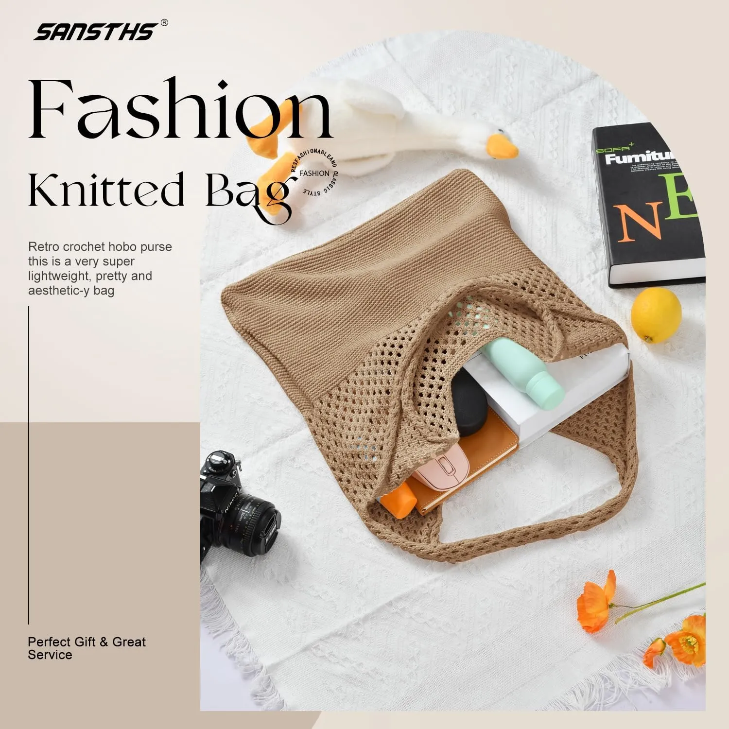 SANSTHS Crochet Mesh Beach Tote Bag Retro Hobo Knitted Bag Woven Tote Summer Shoulder Bag for Women