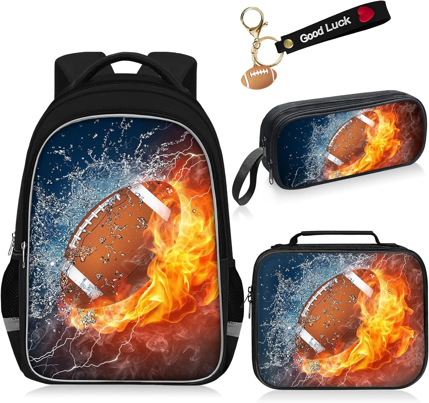 School Backpack for Boys - 4pcs American Football Boys Backpack with Lunch Box Set for Kids Children Teens Elementary Middle School - 17 Sport Bookbag Travel Back Pack for Age 6-18