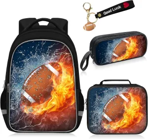 School Backpack for Boys - 4pcs American Football Boys Backpack with Lunch Box Set for Kids Children Teens Elementary Middle School - 17 Sport Bookbag Travel Back Pack for Age 6-18