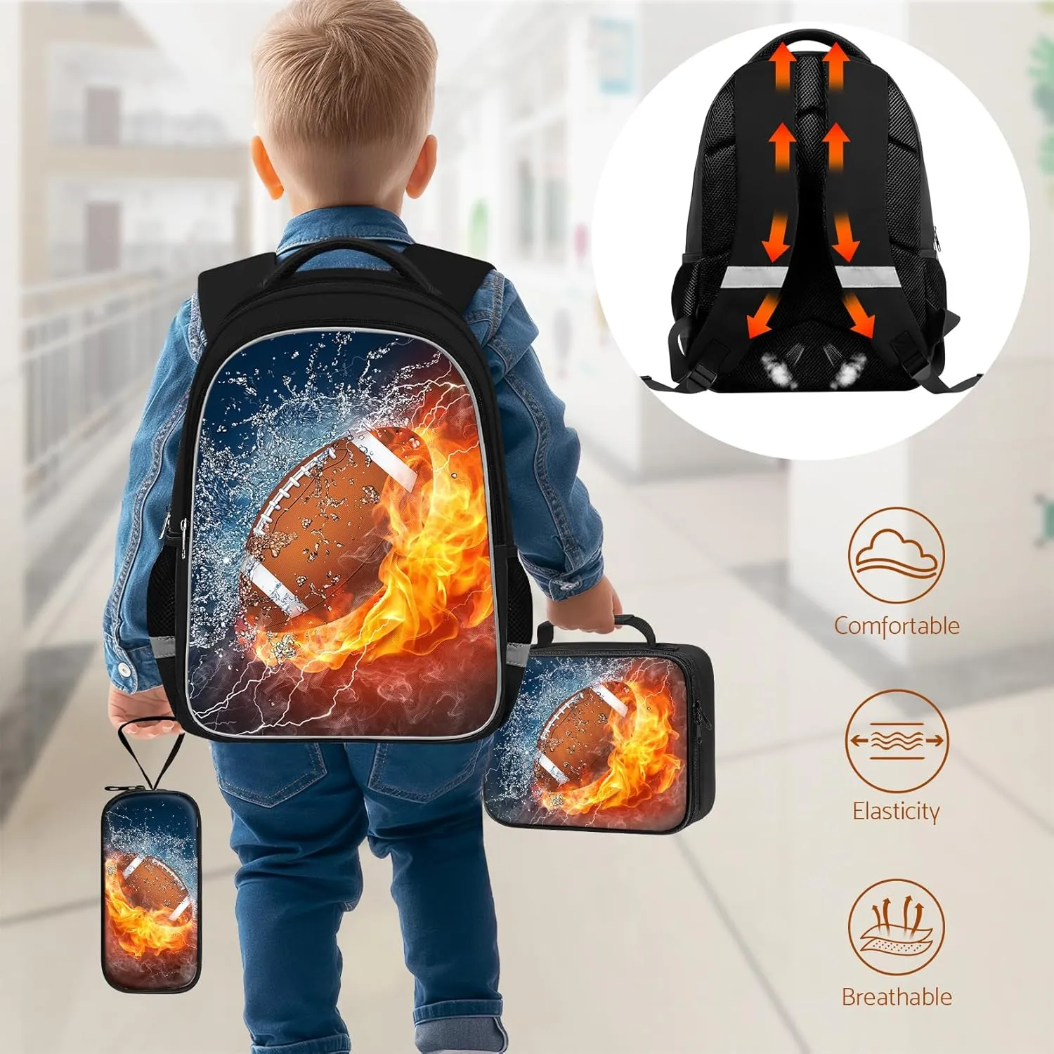 School Backpack for Boys - 4pcs American Football Boys Backpack with Lunch Box Set for Kids Children Teens Elementary Middle School - 17 Sport Bookbag Travel Back Pack for Age 6-18