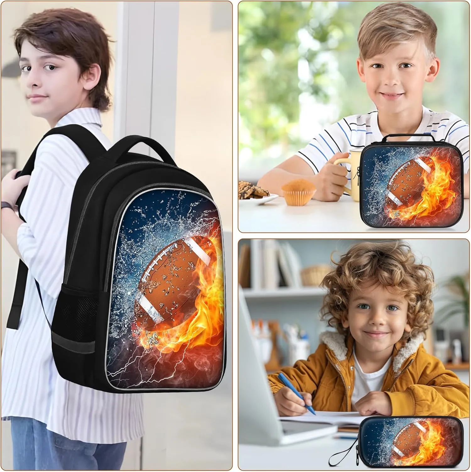 School Backpack for Boys - 4pcs American Football Boys Backpack with Lunch Box Set for Kids Children Teens Elementary Middle School - 17 Sport Bookbag Travel Back Pack for Age 6-18