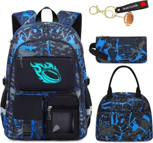 School Backpack for Boys - 4pcs American Football Boys Backpack with Lunch Box Set for Kids Teens Elementary Middle High School - 18" Large Capacity School Bookbag with Multiple Pockets