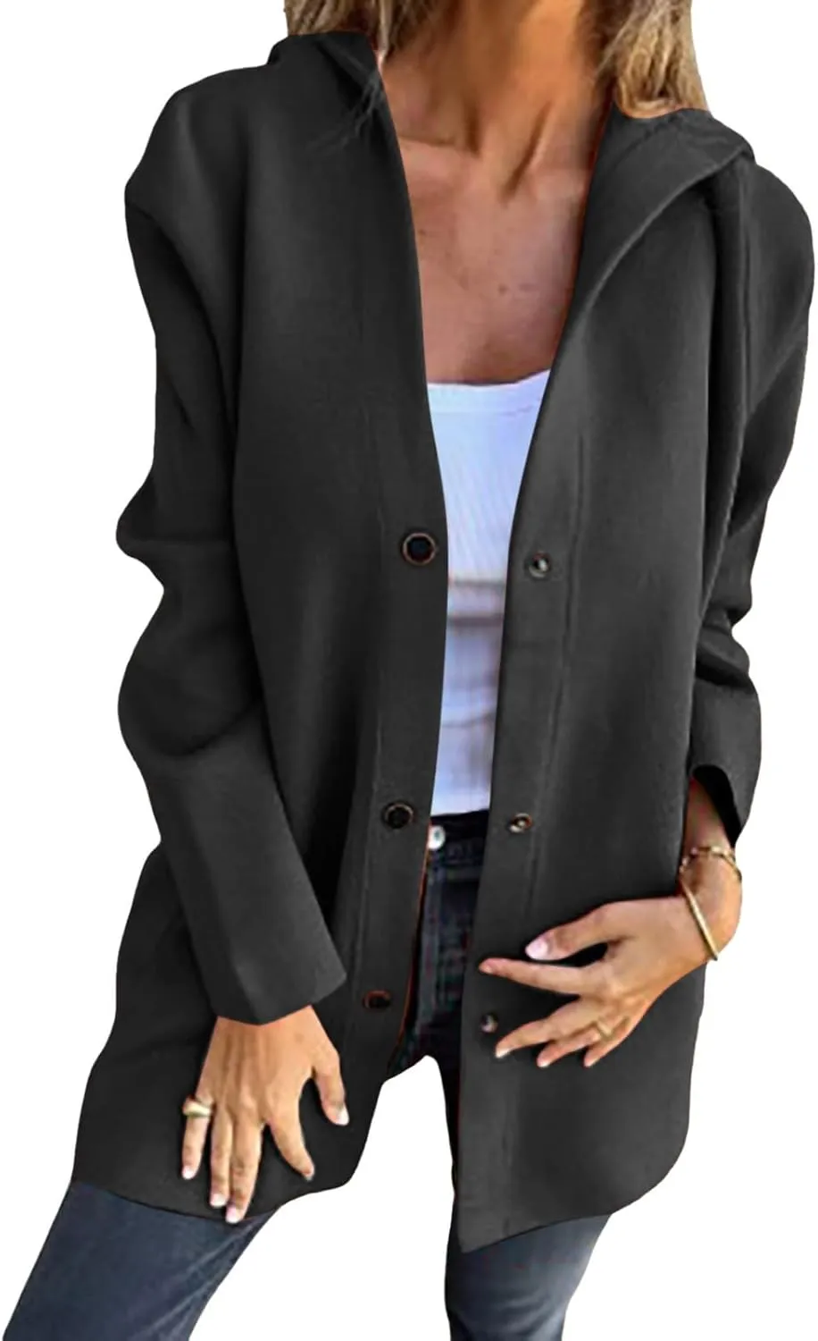 sdbrld Winter Coat for Women Casual Lapel Single Breasted Jacket Trench Coat Long Sleeve Hooded Cardigan Sweater Fall Outfits