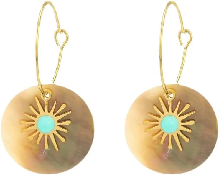 Sea Shell Sunflower Pearl Earrings for Women Artificial Turquoise Stainless Steel, Gold Geometric Statement Earring Girls, 14K Gold Plated Big Fashion Design Bohemian Drop Solitaire Dangle Earrings