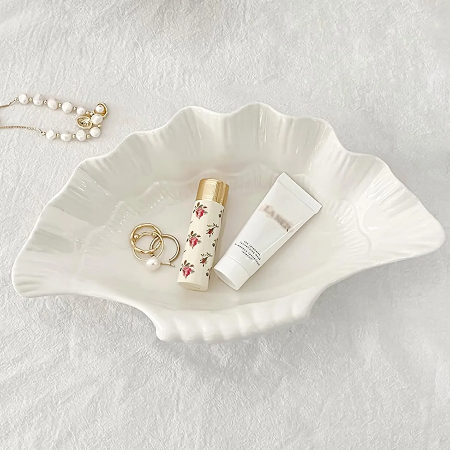Seashell Ceramic Decorative Bowl Shell Jewelry Dish Tray, Shell Trinket Dish Ring Dish Jewelry Holder, Key Bowl Catch All Bowl for Beach Coastal Room Decor Beachy Party Wedding Shell Decor(White)