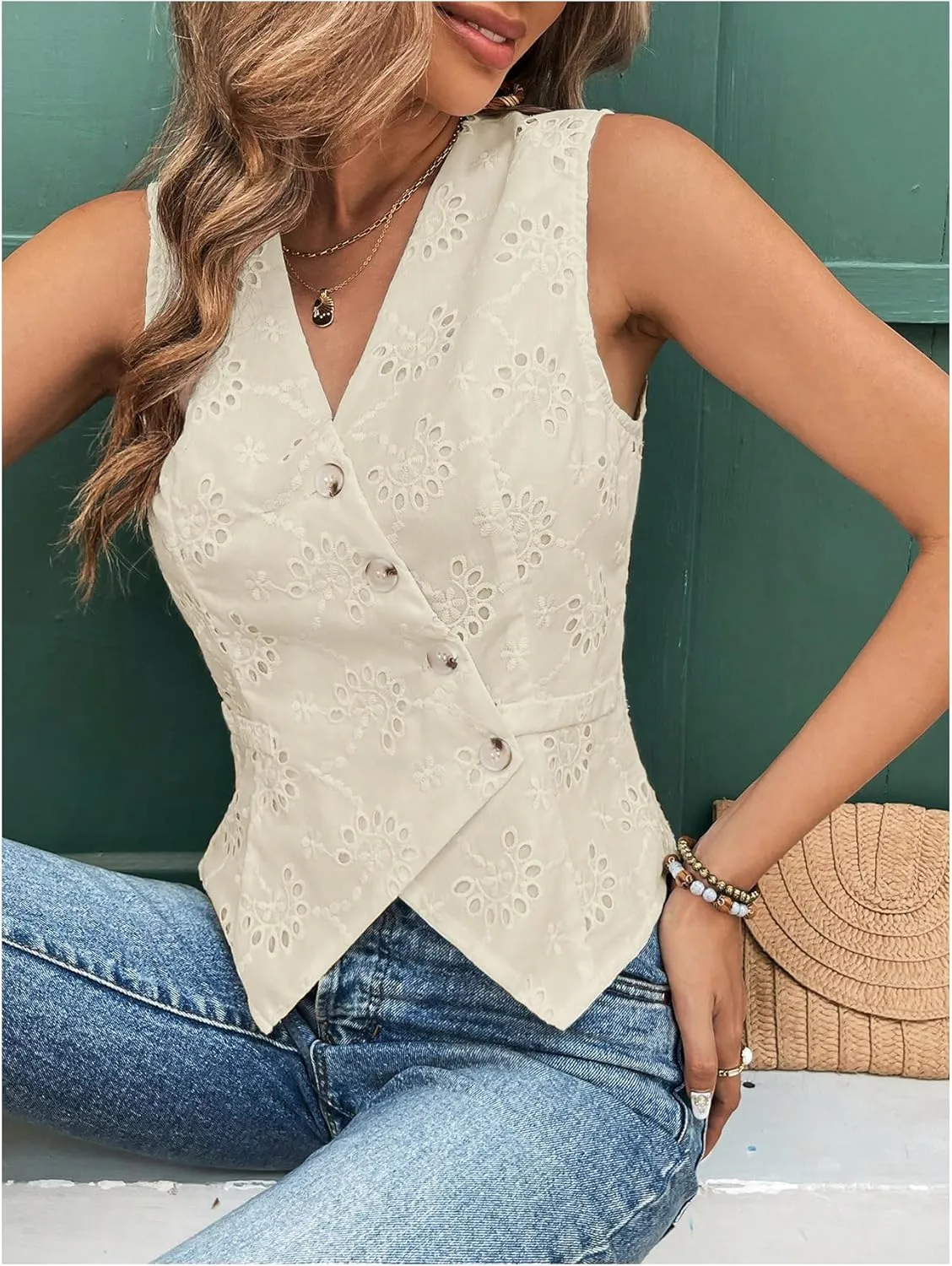 SHENHE Women's Button Up Blouse Eyelet Asymmetrical Blouse Top Dressy Sleevless Vest