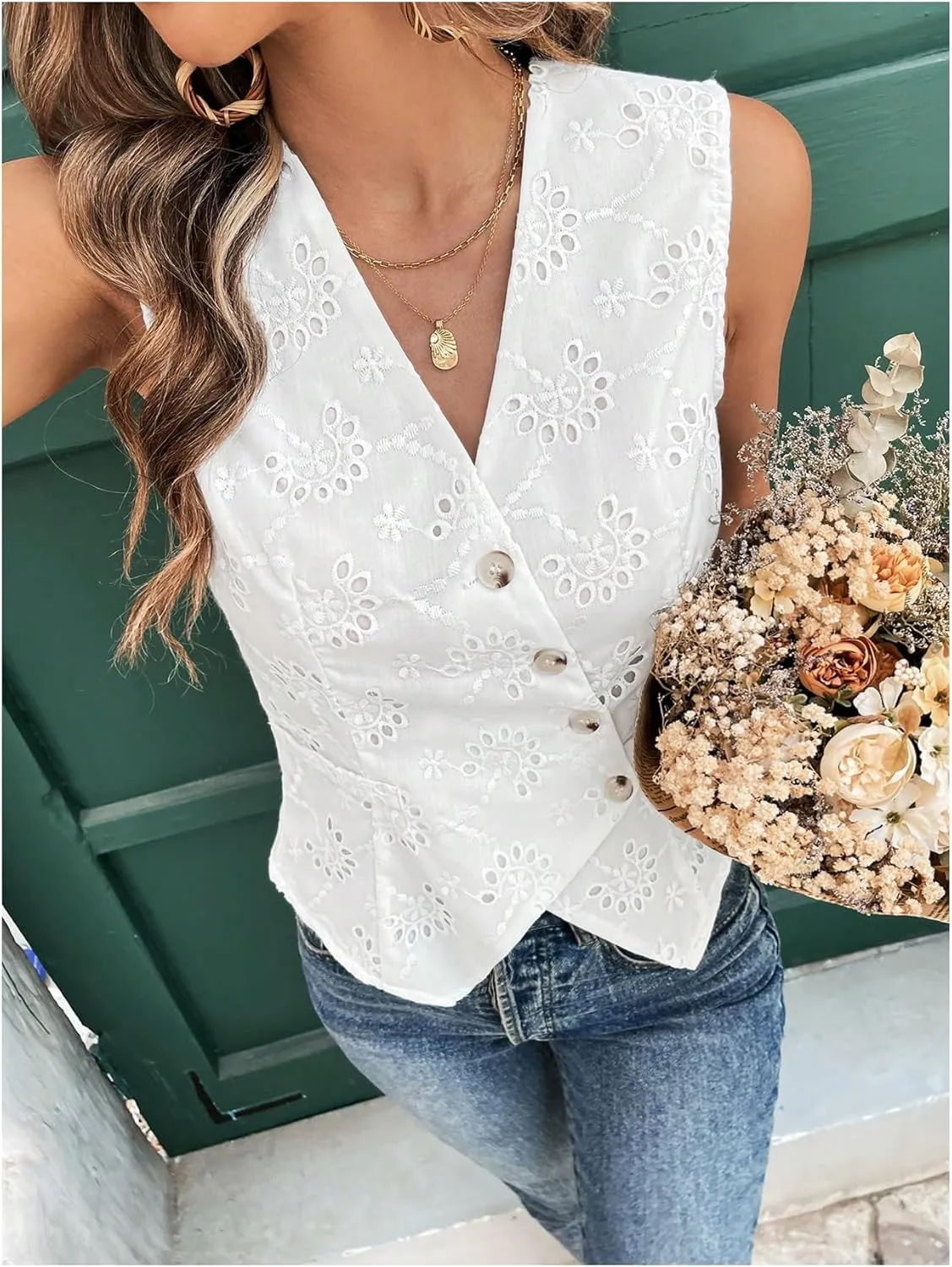 SHENHE Women's Button Up Blouse Eyelet Asymmetrical Blouse Top Dressy Sleevless Vest