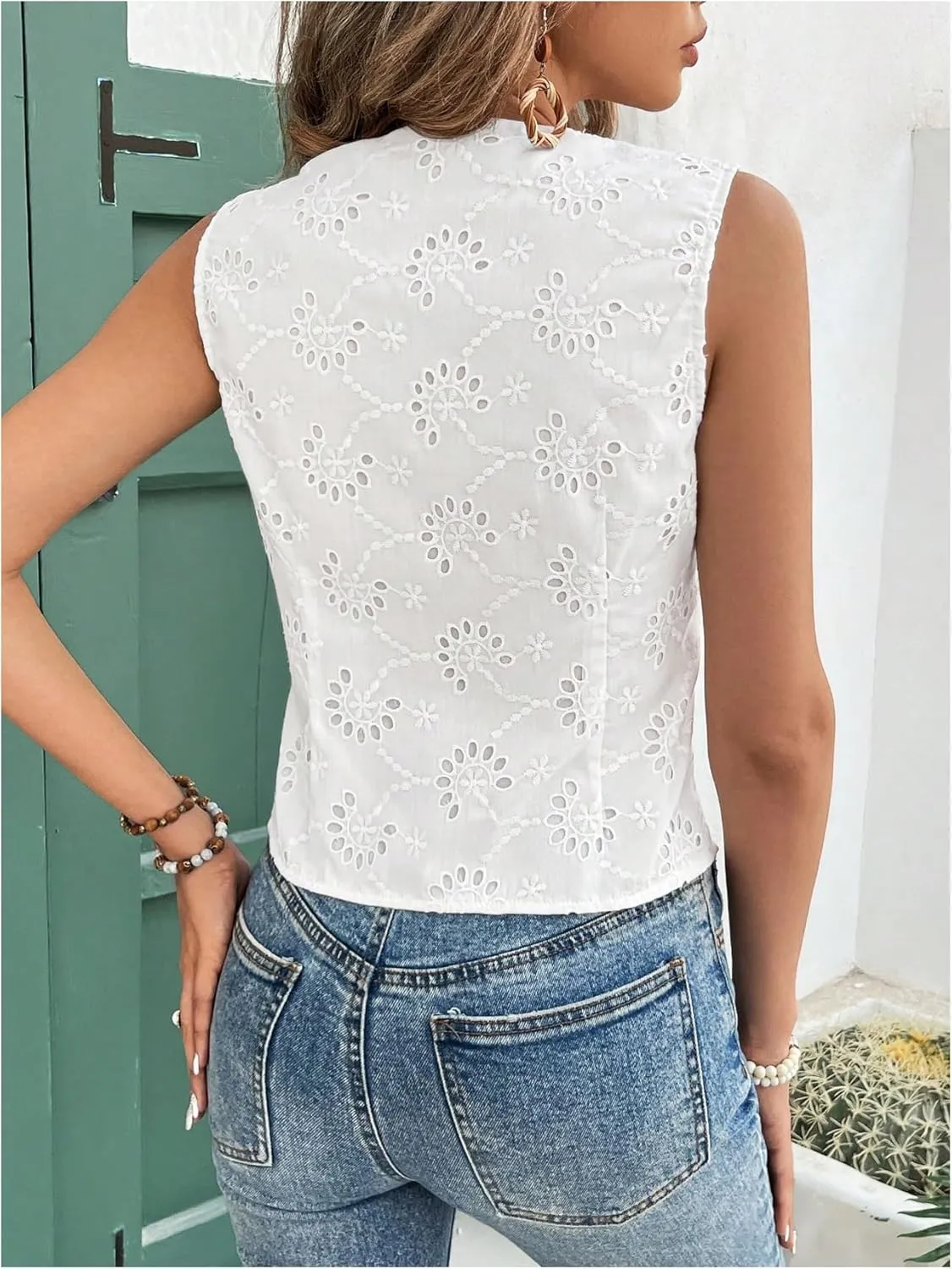 SHENHE Women's Button Up Blouse Eyelet Asymmetrical Blouse Top Dressy Sleevless Vest