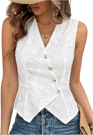 SHENHE Women's Button Up Blouse Eyelet Asymmetrical Blouse Top Dressy Sleevless Vest