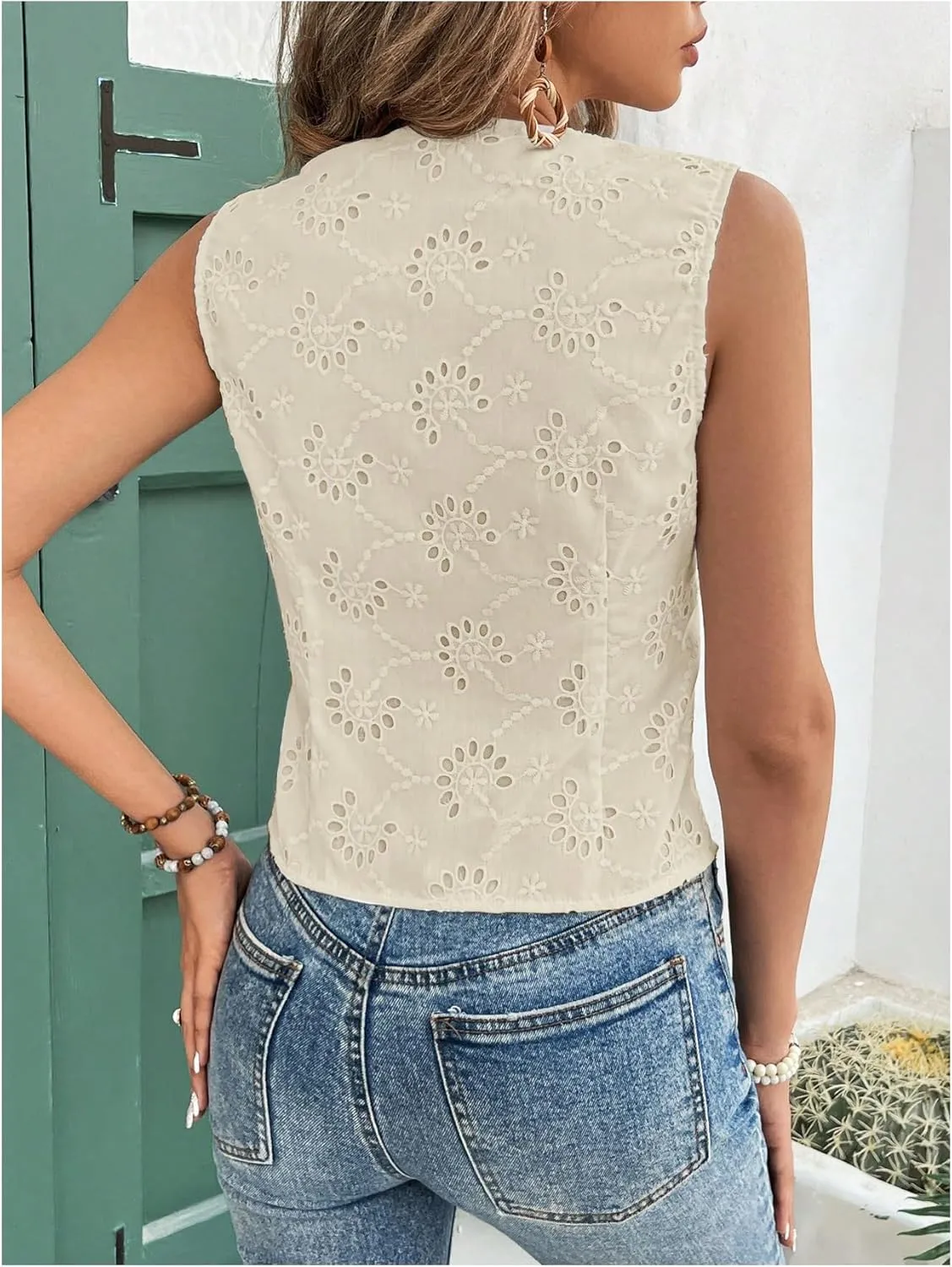 SHENHE Women's Button Up Blouse Eyelet Asymmetrical Blouse Top Dressy Sleevless Vest