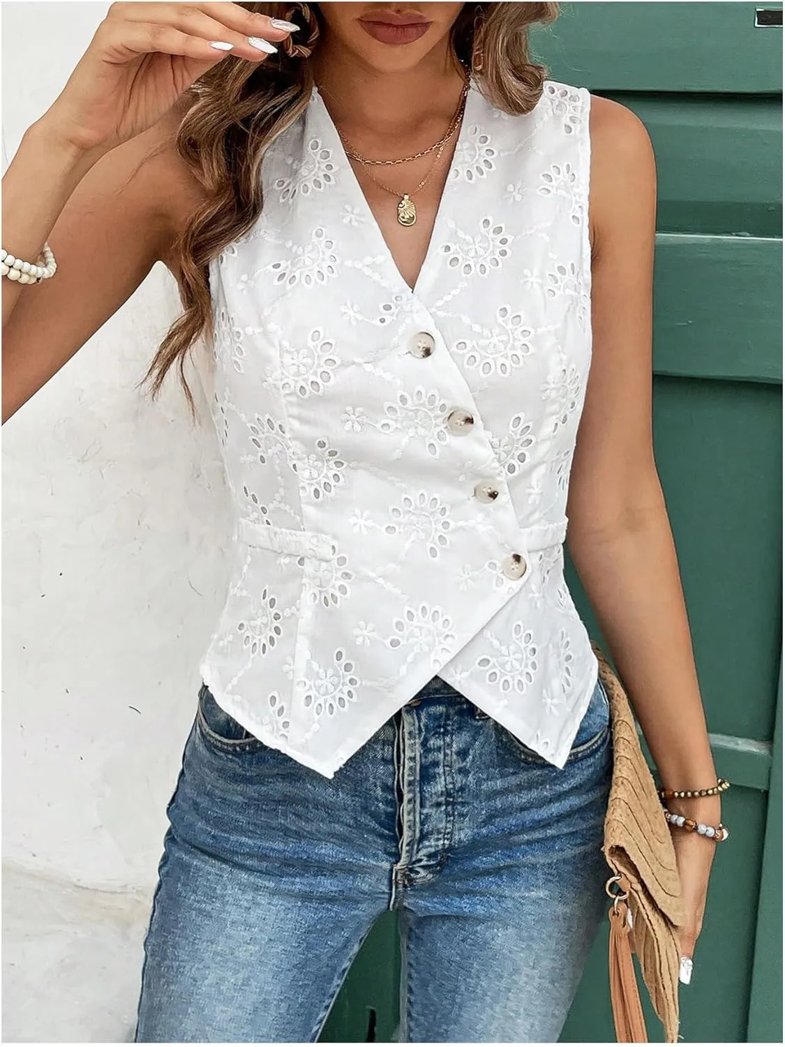 SHENHE Women's Button Up Blouse Eyelet Asymmetrical Blouse Top Dressy Sleevless Vest