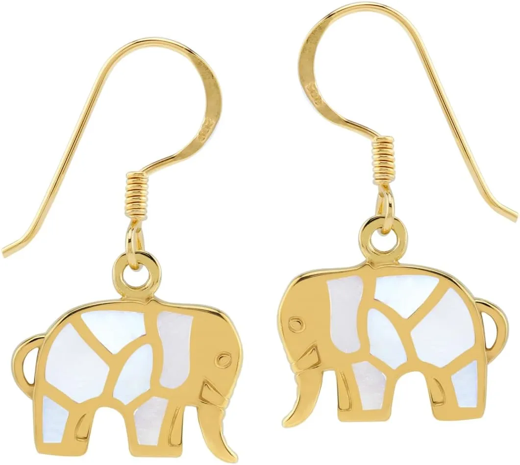 Silvershake Inlay Stones or Shell White Gold Plated or 18K Yellow Gold Plated 925 Sterling Silver Elephant Dangle Hook Earrings Jewelry for Teens or Women