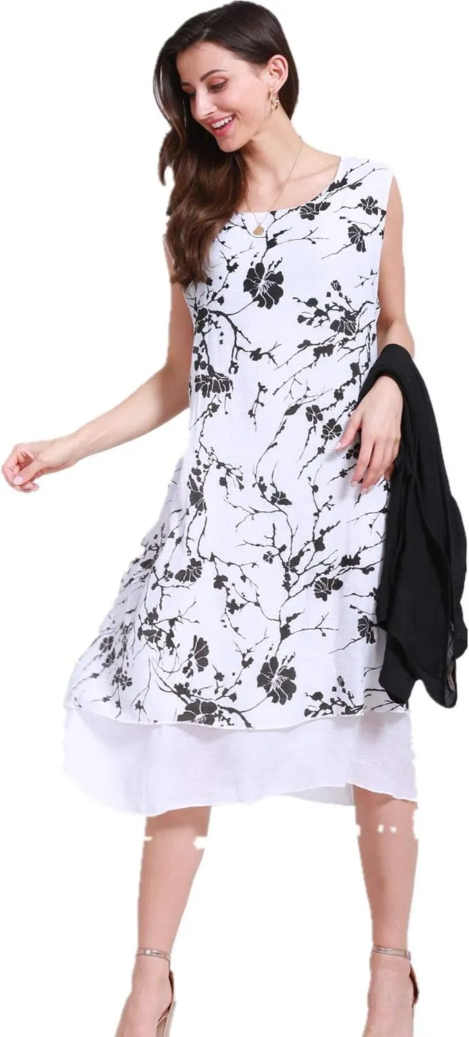 SIMPLY COUTURE Women's Double-Tier Loose Summer Floral Tank Dress Cardigan