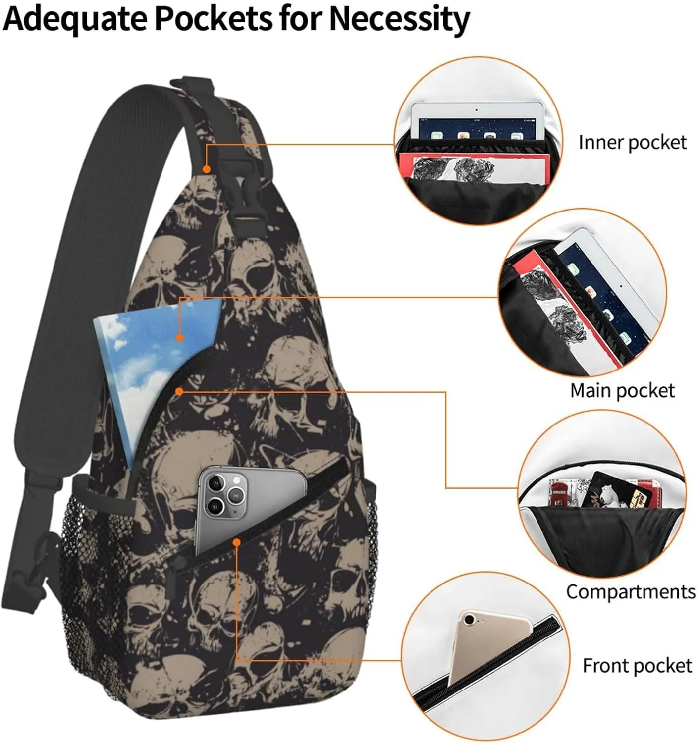 Skull Sling Backpack Chest Bag Crossbody Shoulder Bag Gym Cycling Travel Hiking Daypack For Men Women