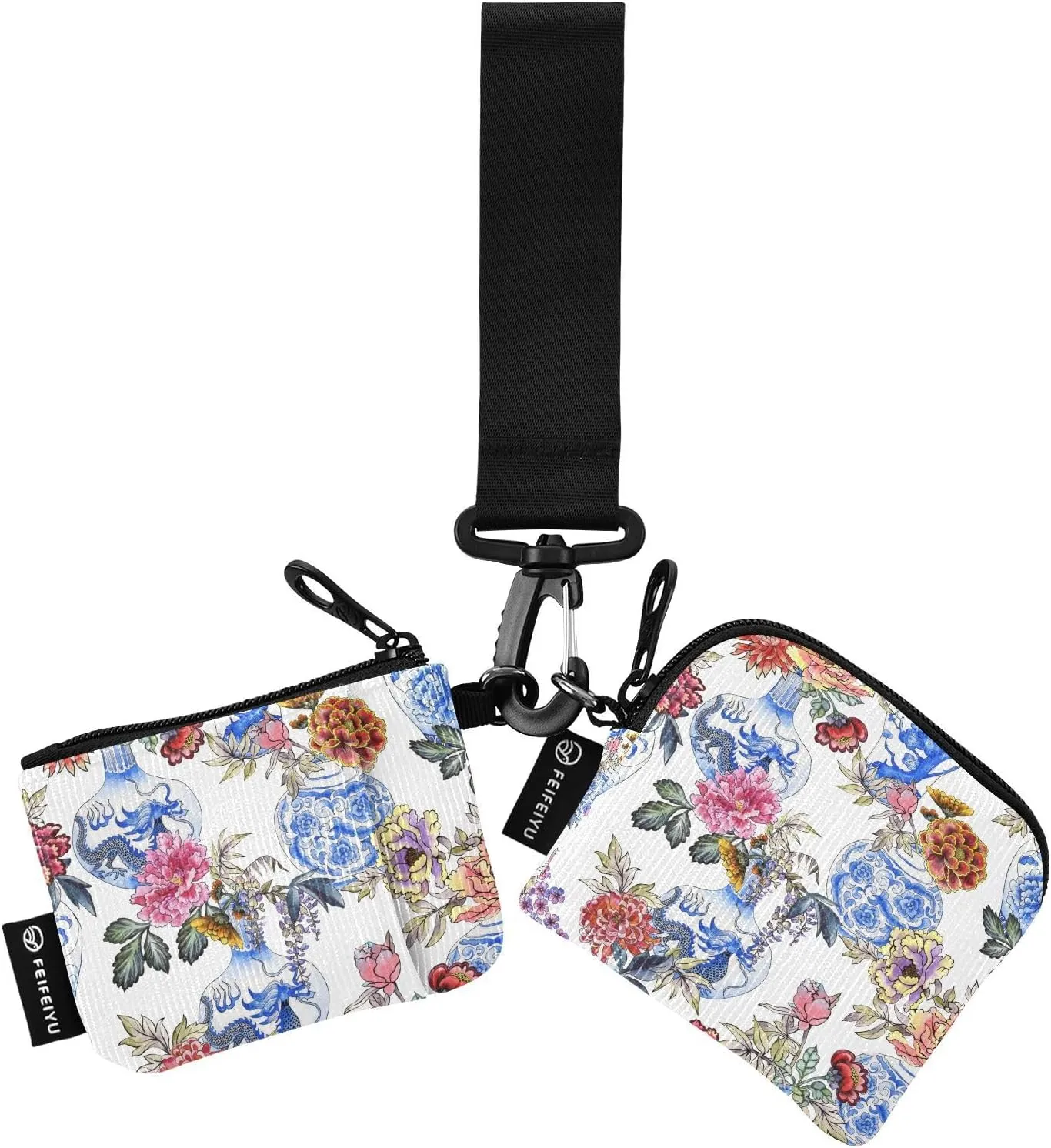 Small Wallet for Women Blue Chinese Vases Peonies Roses Zip Around Dual Pouch Wristlet Wallets for Women Portable Card Wallet