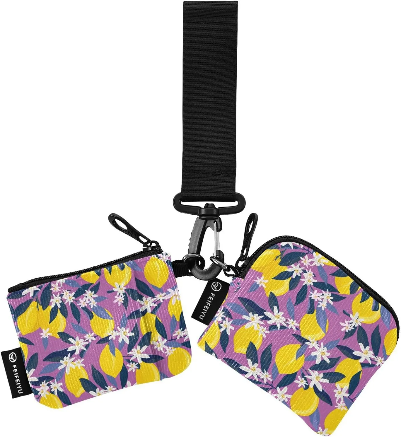 Small Wallet for Women Lemon Fruits Flowers Purple Zip Around Dual Pouch Wristlet Wallets for Women Portable Card Wallet