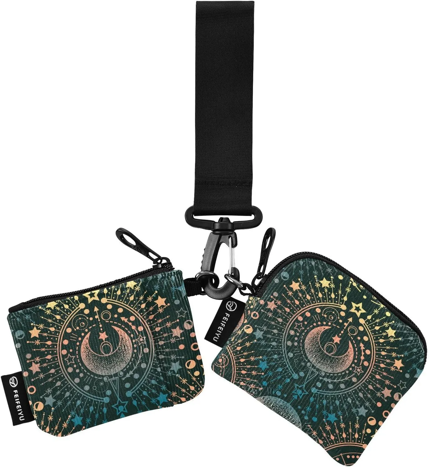 Small Wallet for Women Magical Boho Moon Stars Zip Around Dual Pouch Wristlet Wallets for Women Portable Card Wallet