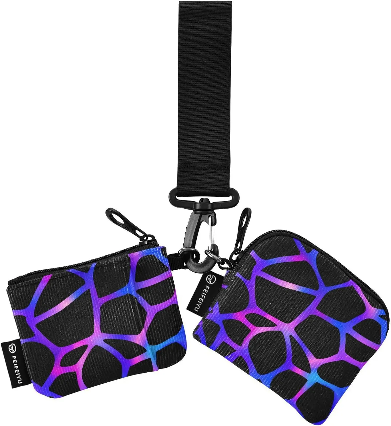 Small Wallet for Women Neon Giraffe Print on Black Zip Around Dual Pouch Wristlet Wallets for Women Portable Card Wallet