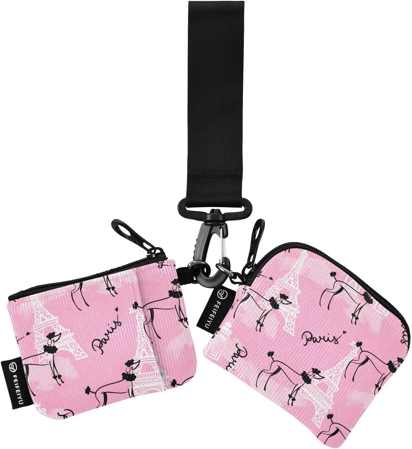 Small Wallet for Women Paris and Poodle Dog on Pink Zip Around Dual Pouch Wristlet Wallets for Women Portable Card Wallet