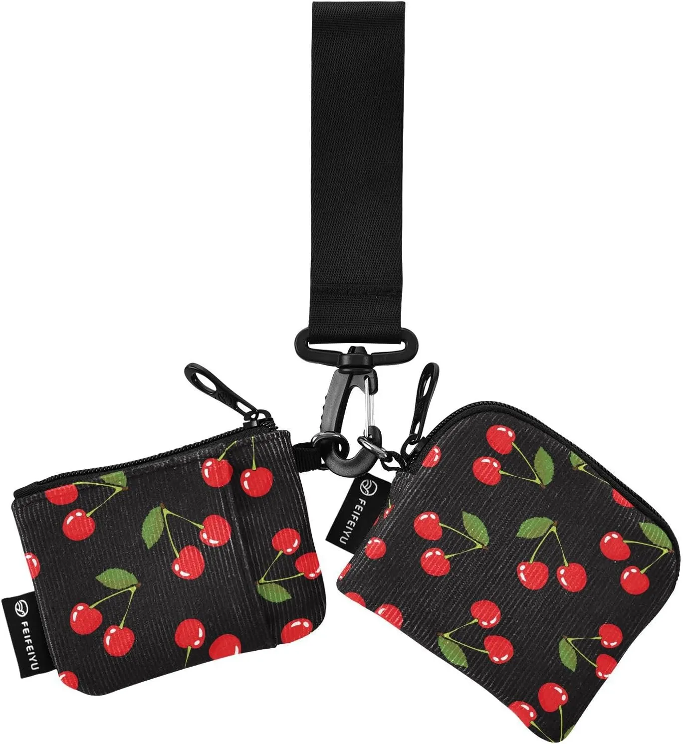 Small Wallet for Women Red Cherry Fruit on Black Zip Around Dual Pouch Wristlet Wallets for Women Portable Card Wallet