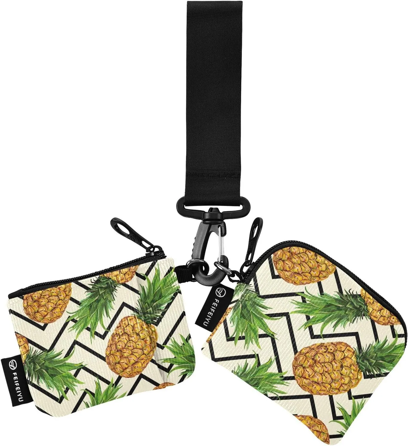 Small Wallet for Women Summer Fruit Pineapple Fruit Stripes Zip Around Dual Pouch Wristlet Wallets for Women Portable Card Wallet