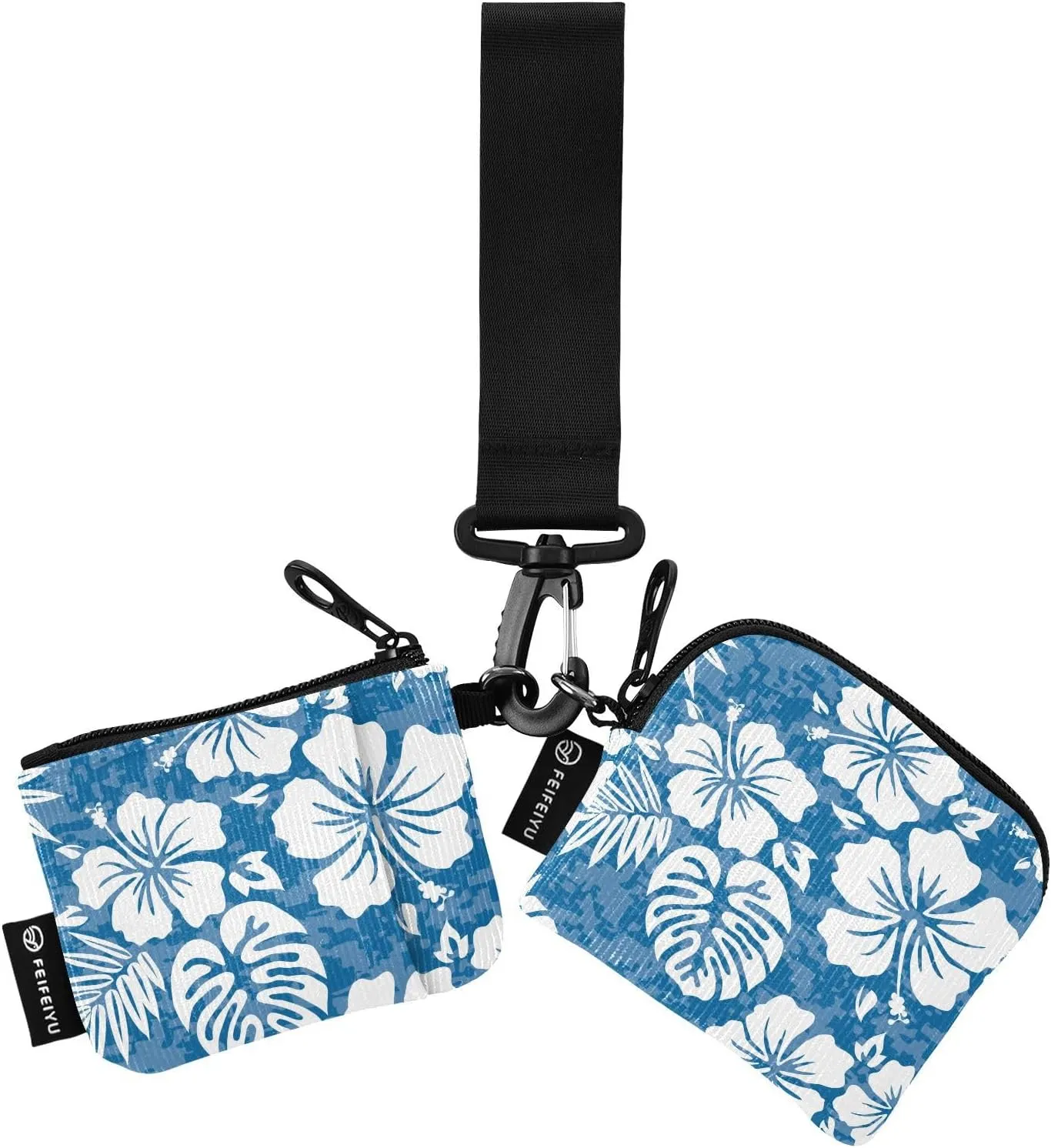 Small Wallet for Women Tropical Flowers Leaves Blue Zip Around Dual Pouch Wristlet Wallets for Women Portable Card Wallet