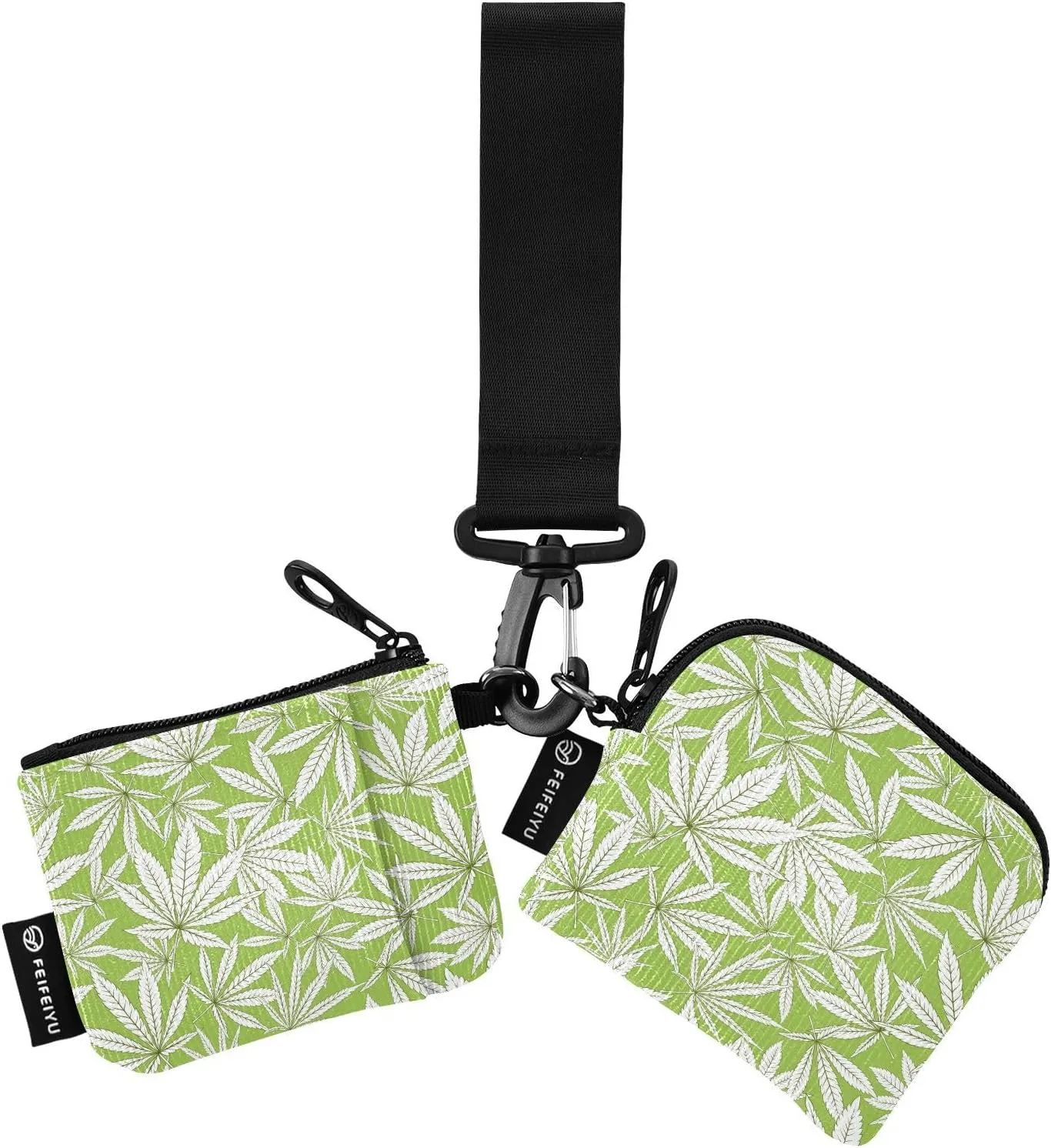 Small Wallet for Women White Leaves on Green Zip Around Dual Pouch Wristlet Wallets for Women Portable Card Wallet