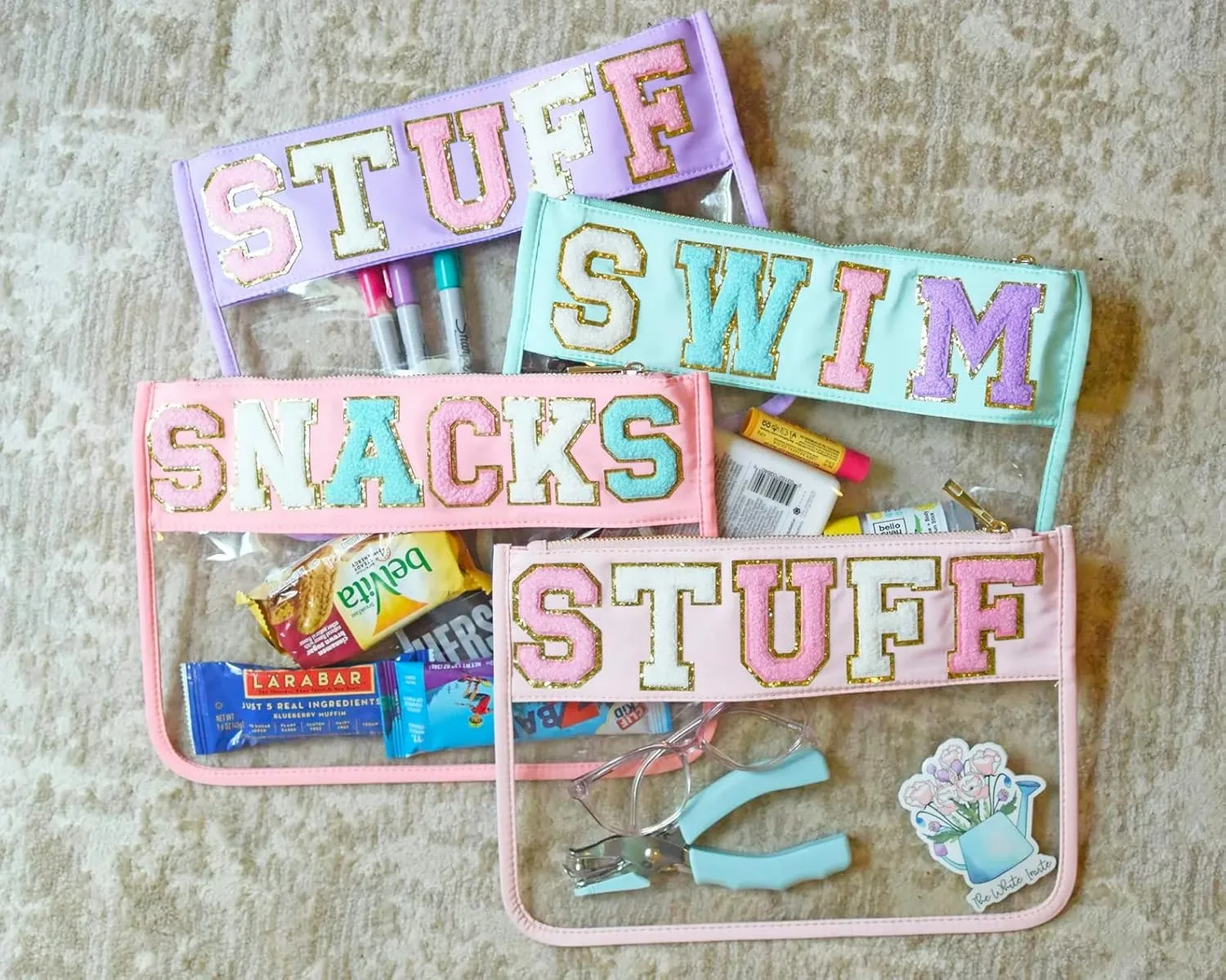 Snack Pouch with Chenille Letters, Snacks Bag for Travel Makeup Bag Cosmetic Pouch Varsity Letter Patches, Vacation Essentials