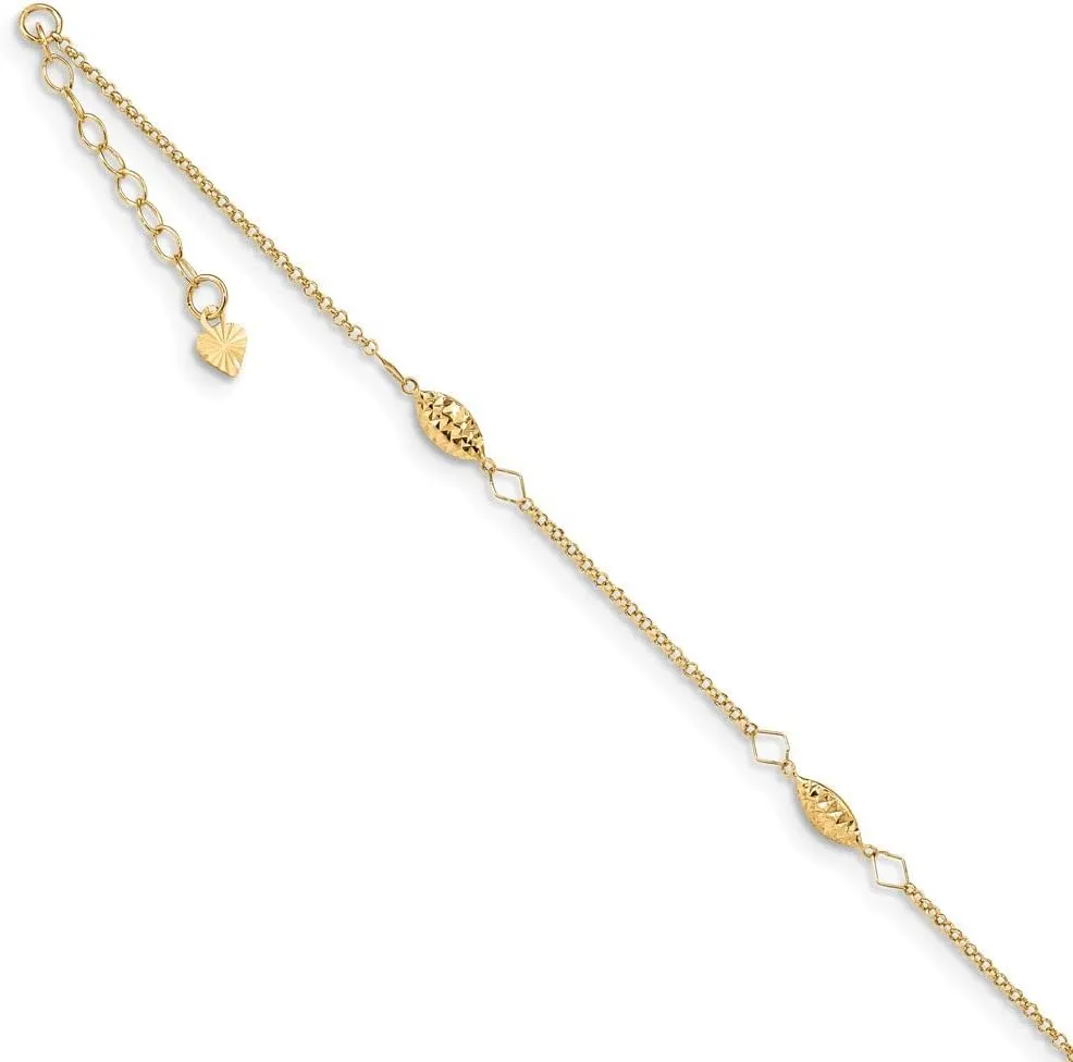 Solid 14k Yellow Gold Circle Foot Chain Ankle Bracelet Diamond-Cut Rice Puff Beads 1in Ext Anklet 9"
