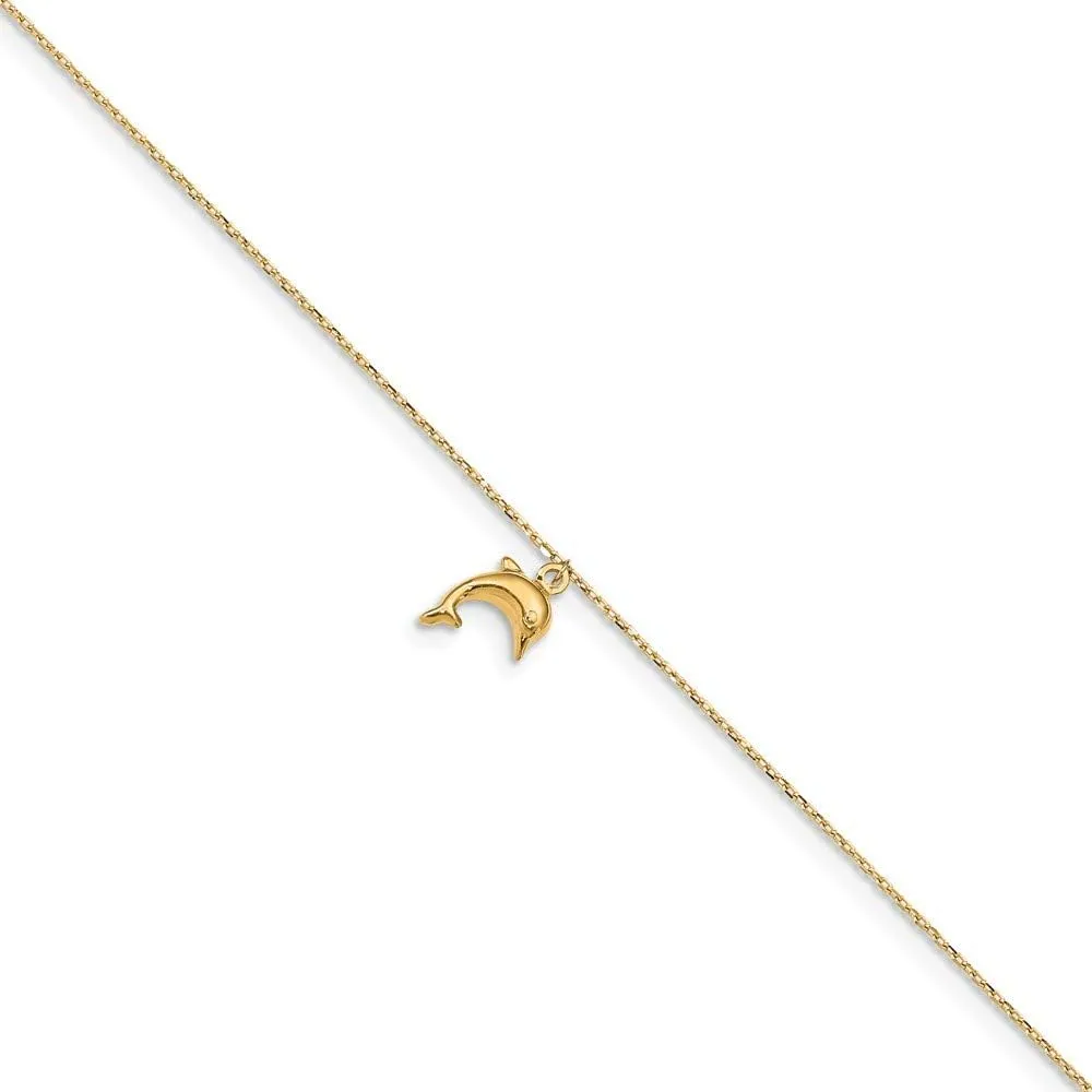 Solid 14K Yellow Gold Dolphin Charm 1 Inch Extension Anklet