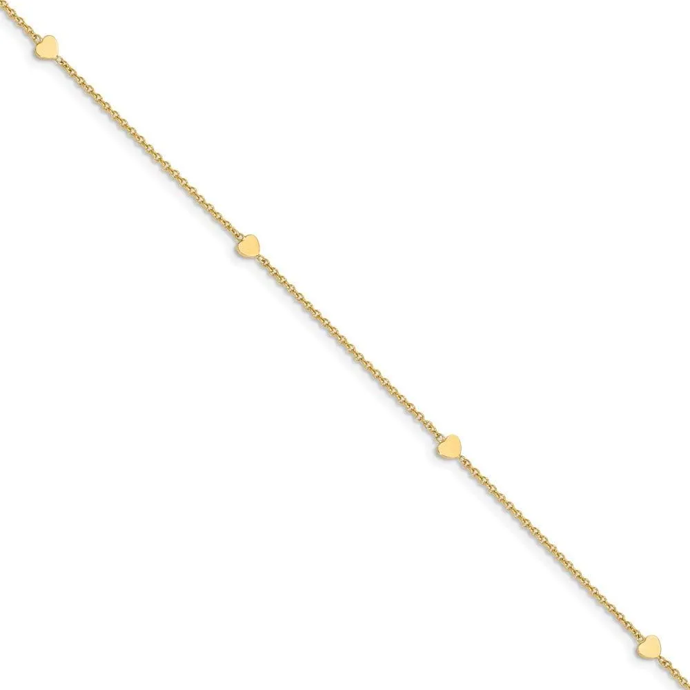 Solid 14k Yellow Gold Hearts 1 in Extension Anklet - with Secure Lobster Lock Clasp 10" (Width = 4mm)