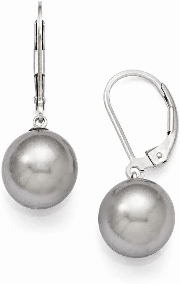 Solid 925 Sterling Silver 10-11mm Grey Imitation Shell Pearl Leverback Earring mm