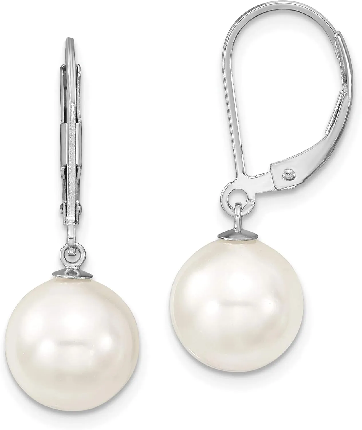 Solid 925 Sterling Silver 10-11mm White Imitation Shell Pearl Leverback Earring mm