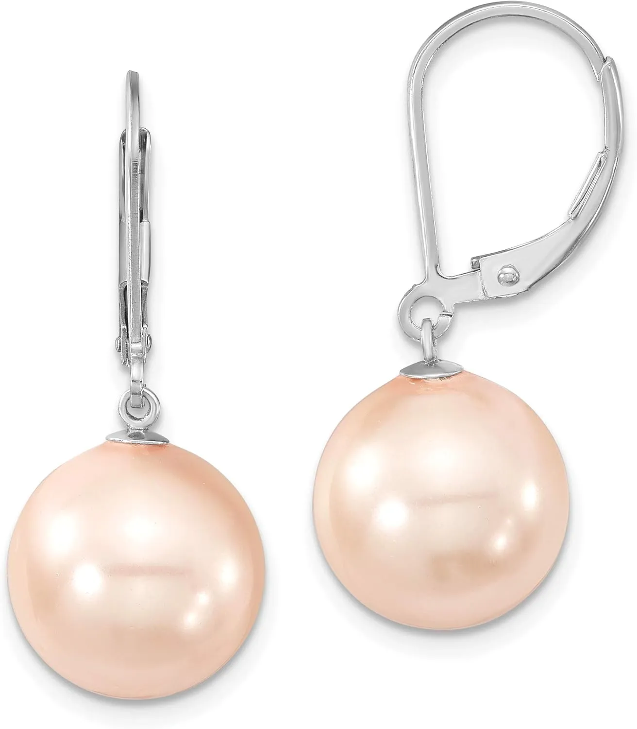 Solid 925 Sterling Silver 12-13mm Pink Imitation Shell Pearl Leverback Earring mm