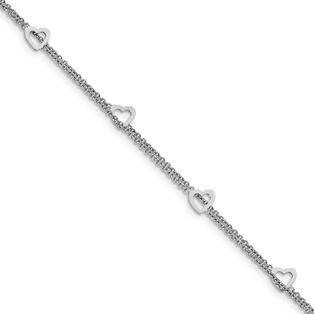 Solid 925 Sterling Silver 2-Strand 1in Extension Heart Anklet 9" (Width = 1mm)