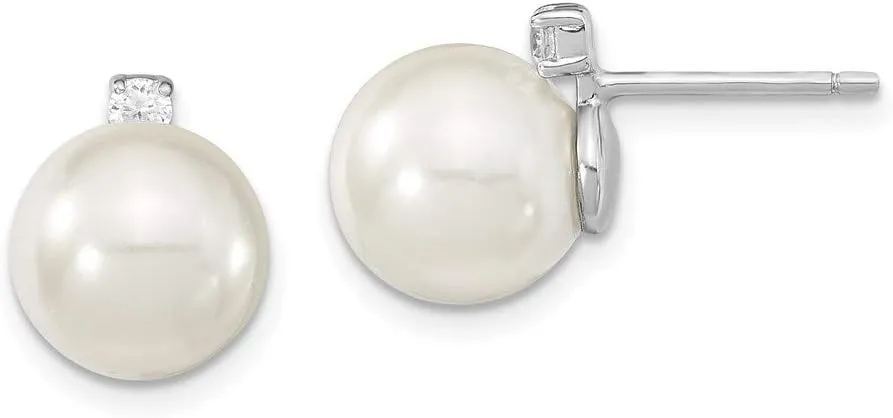 Solid 925 Sterling Silver 8-9mm White Imitation Shell Pearl and CZ Cubic Zirconia Post Studs Earrings mm